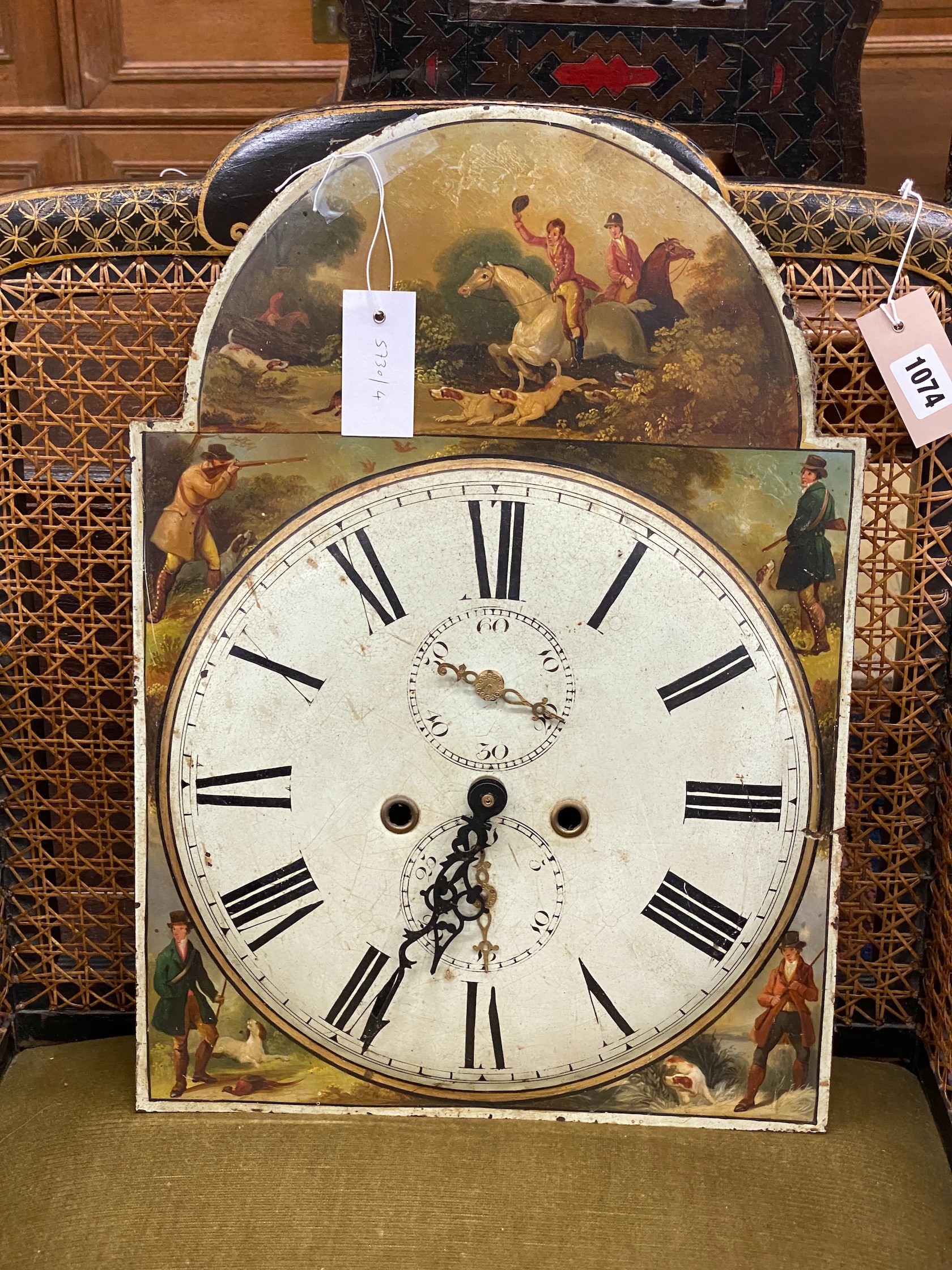 A Victorian painted longcase clock dial with battery movement, width 36cm, height 50cm